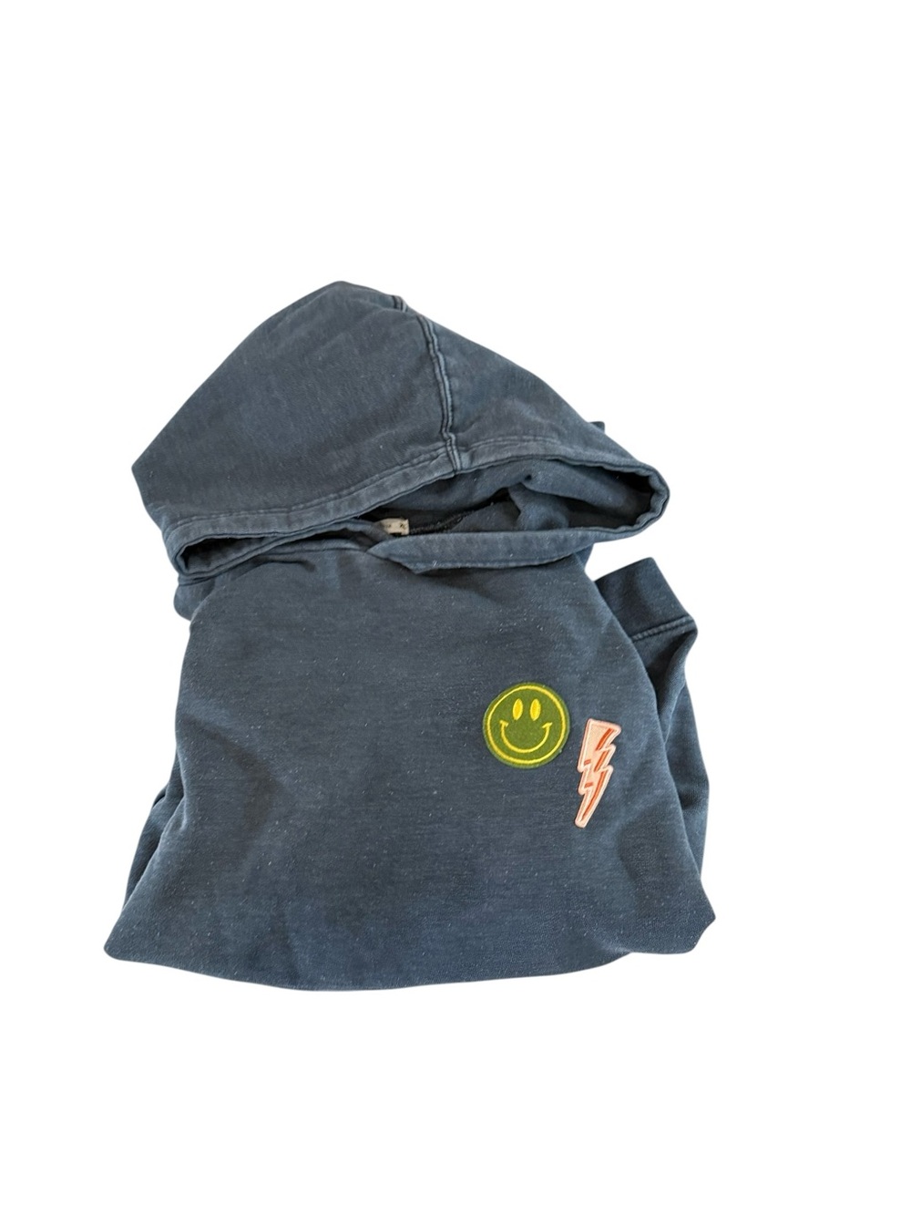 Marine Layer Navy Hoodie with Yellow Smiley & Orange Lightning Patch